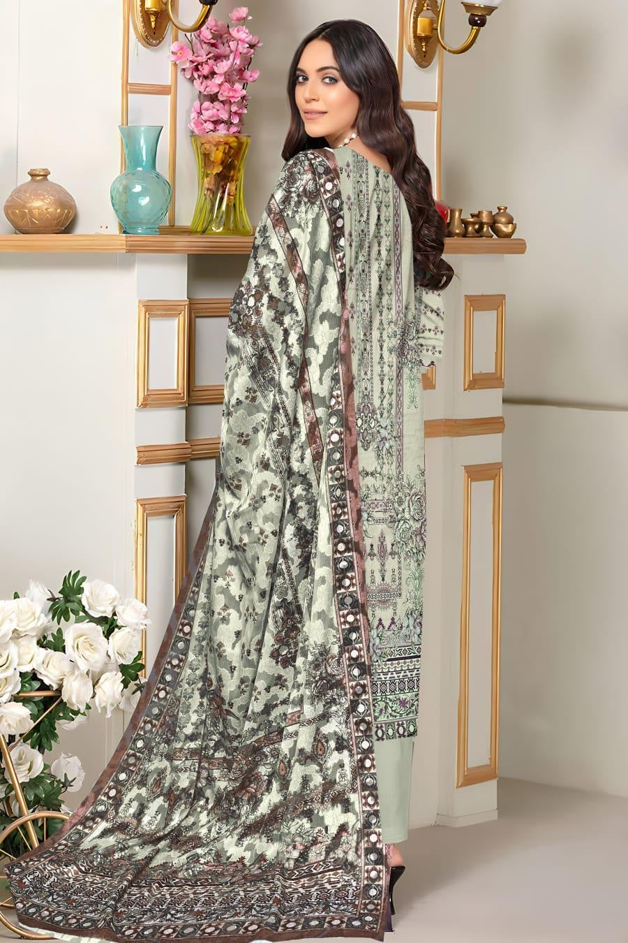 Elegant Green & Brown Embroidered Lawn Suit – Stylish & Chic