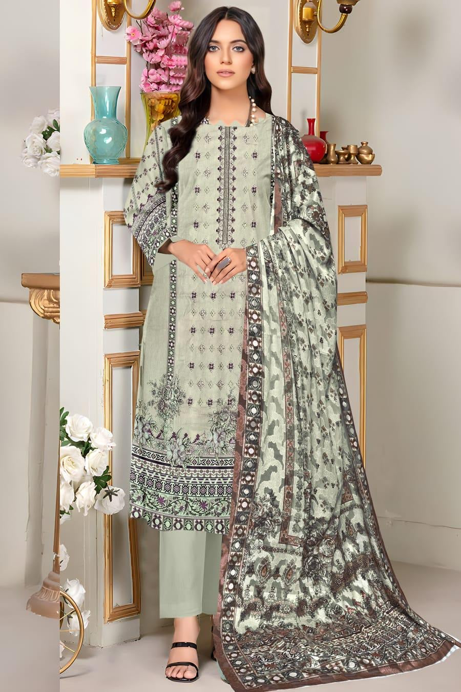 Elegant Green & Brown Embroidered Lawn Suit – Stylish & Chic