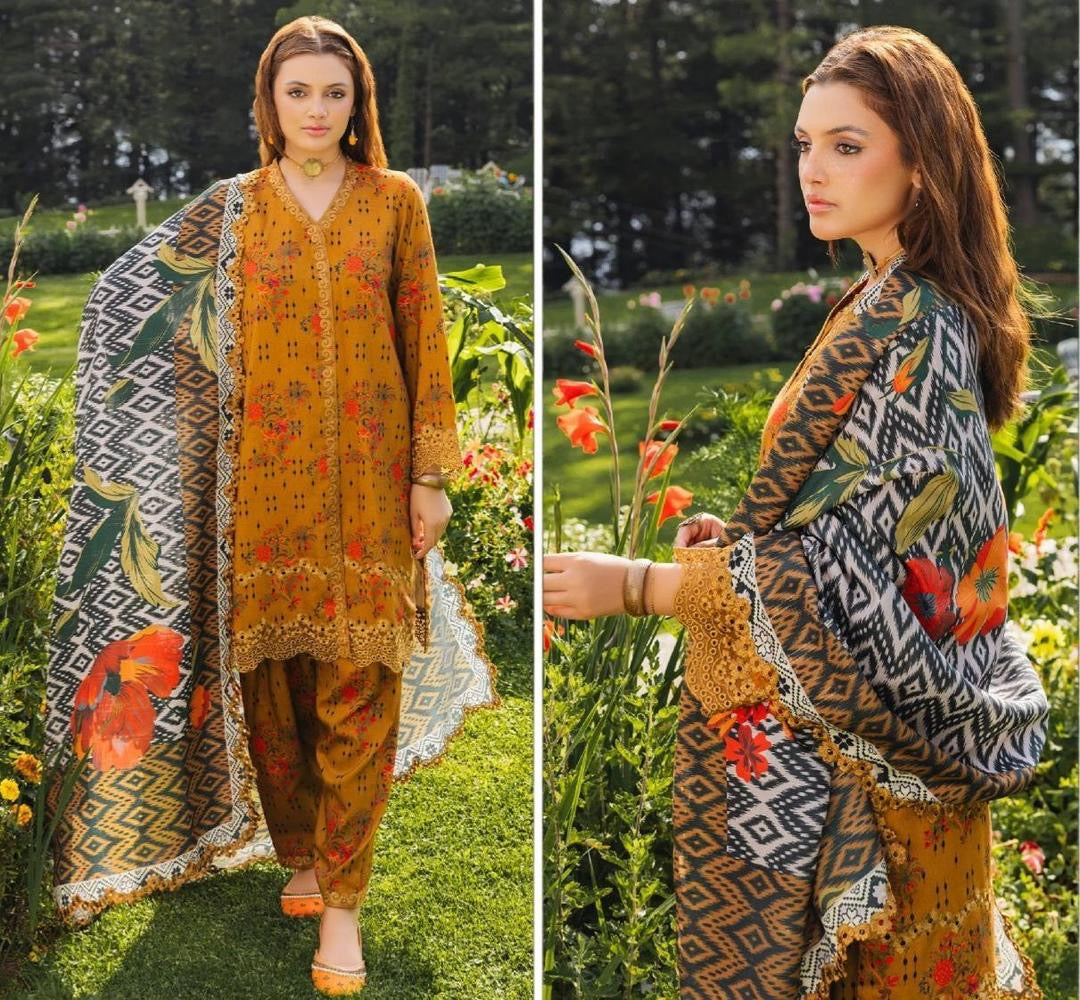 Radiant Mustard 3-Piece Embroidered Lawn Suit – A Touch of Nature’s Charm