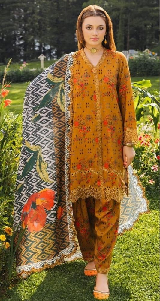 Radiant Mustard 3-Piece Embroidered Lawn Suit – A Touch of Nature’s Charm