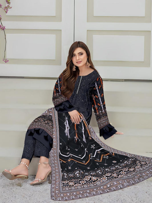 Elegant Black Digital Printed 3-Piece Linen Suit – Timeless Sophistication