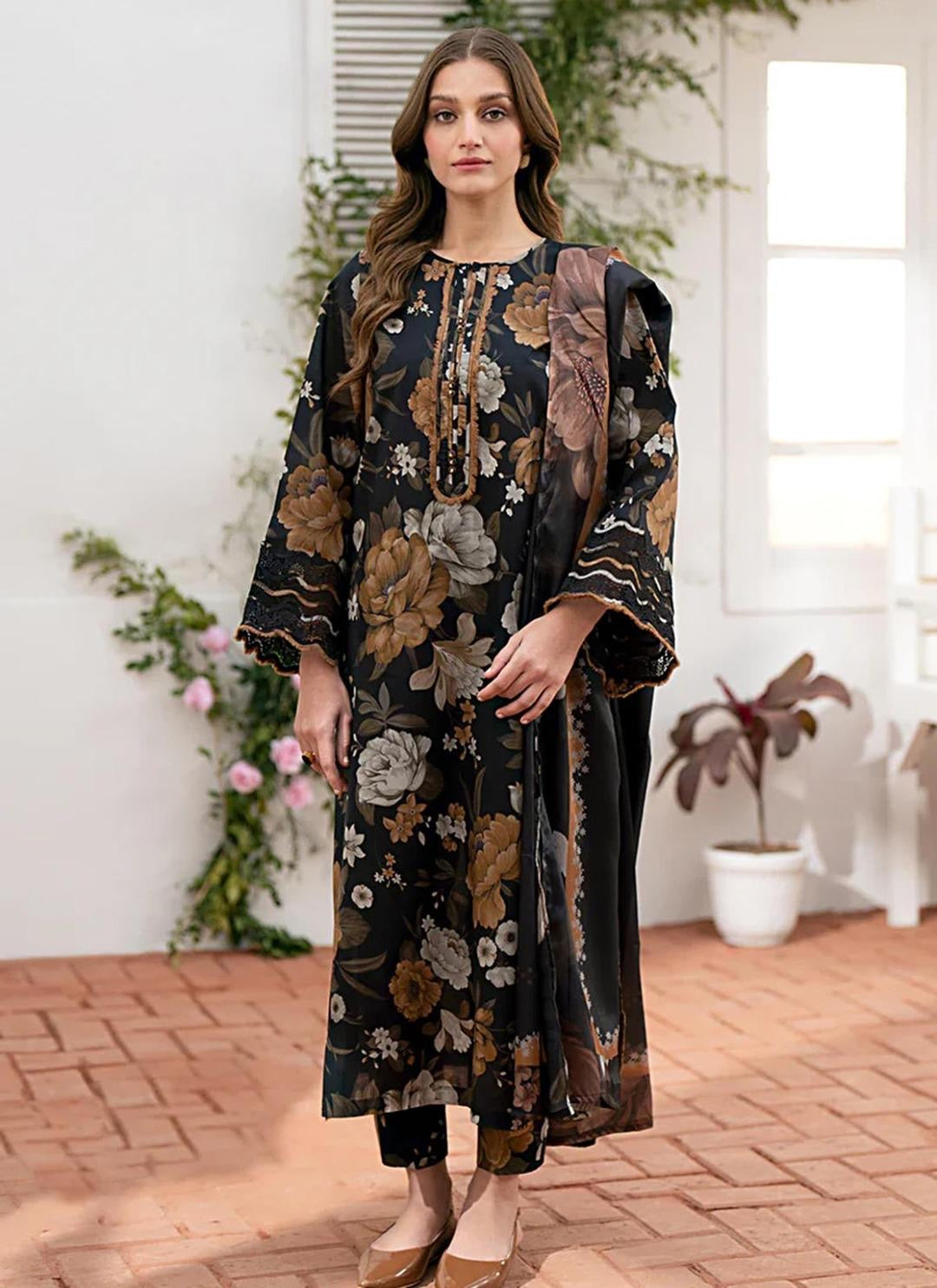 Luxury Black Floral Lawn Suit – Timeless Elegance