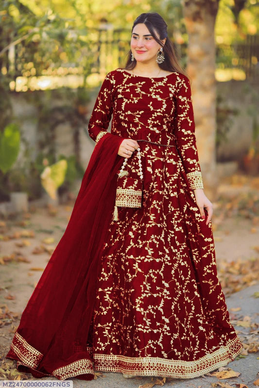 Luxury Maroon Embroidered Maxi Dress – Elegant Party Wear